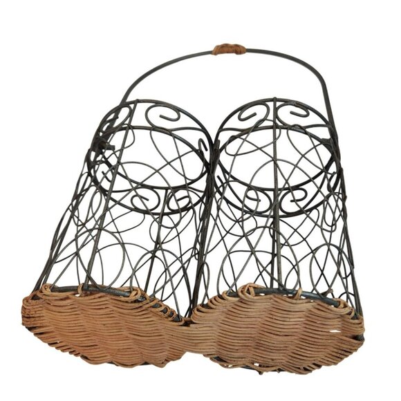 Vintage Double Bottle Holder Rustic Metal & Wicker Decorative Easy Carry Wine/Wa - Picture 4 of 5